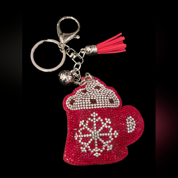 Christmas Mug Rhinestone Keychain Bag Charm – Hot Cocoa Holiday Bling - Picture 1 of 3